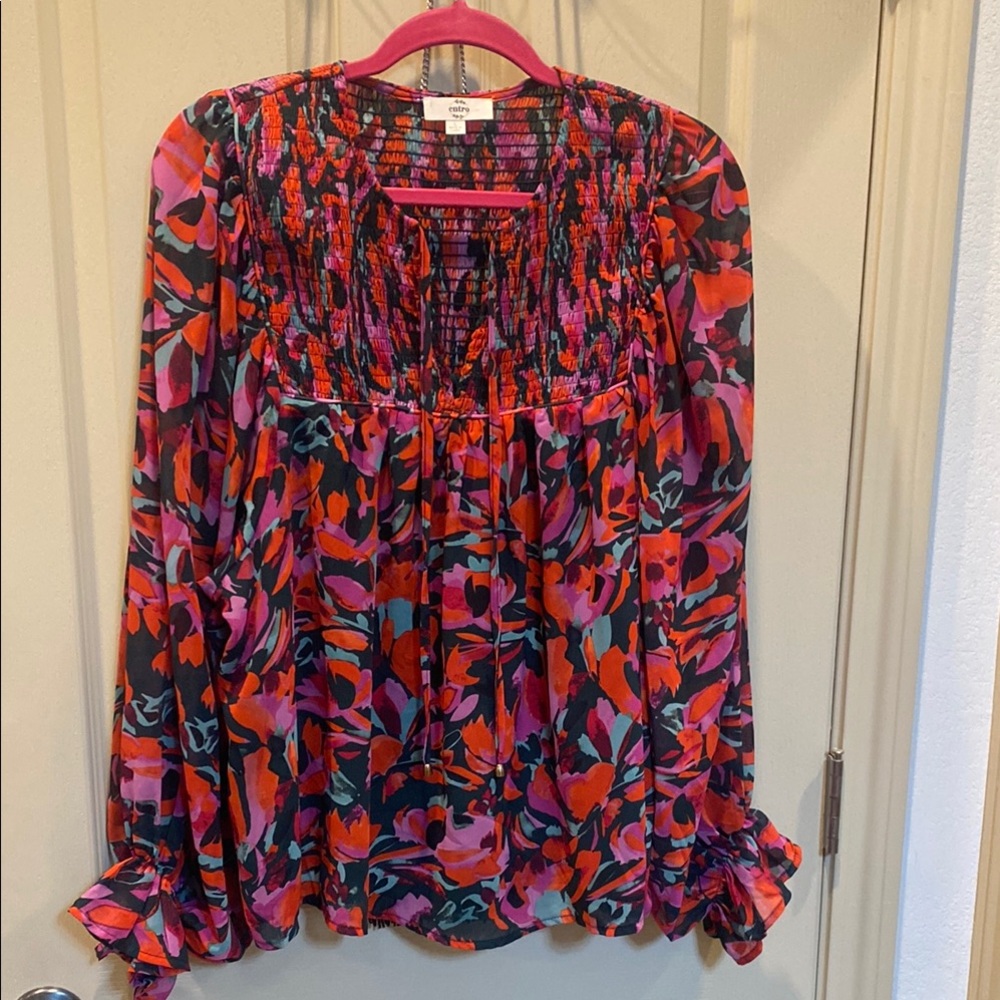 Entro Red and Orange Smocked Ruffled Blouse
